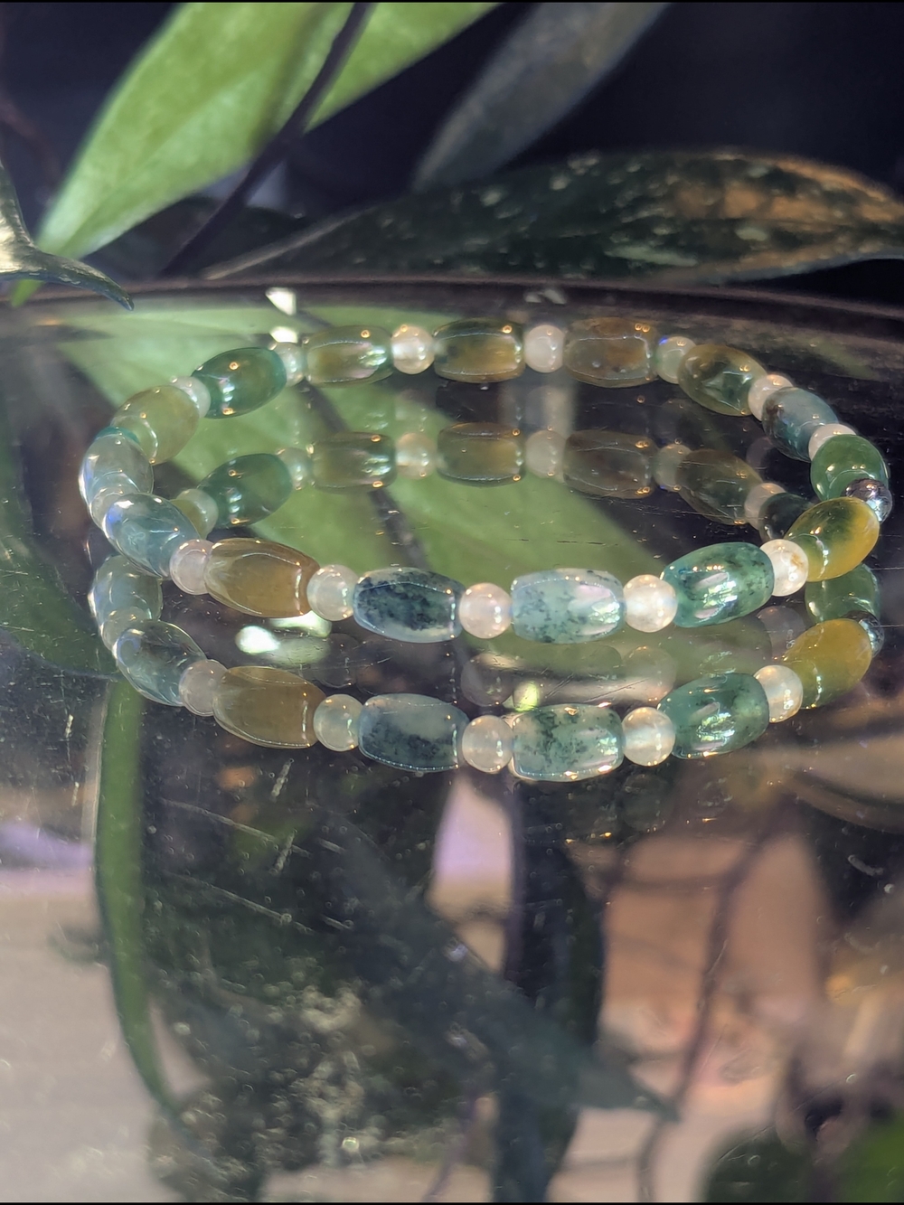 Indian Moss Agate Barrel Crystal Beaded Stretch Bracelet Specimine